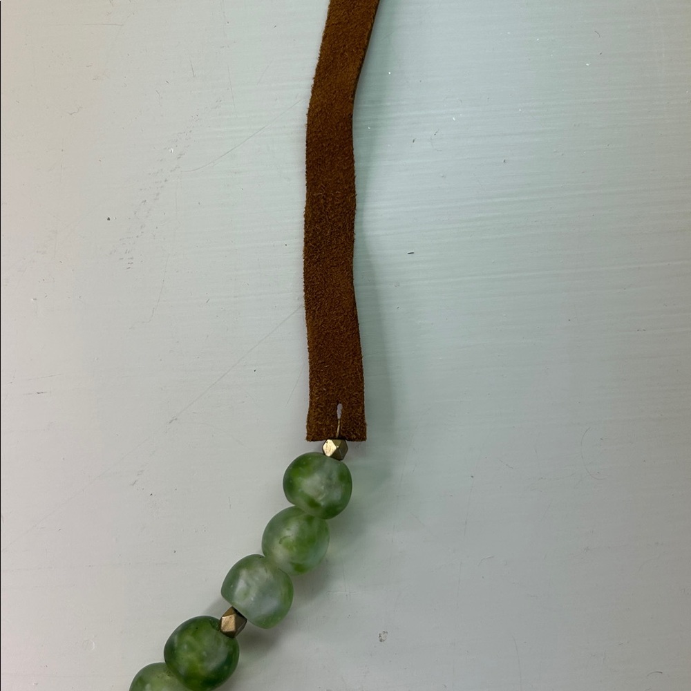 Brackish Green Beaded Tassel Necklace with Feather Accent Pendant - Picture 3 of 5